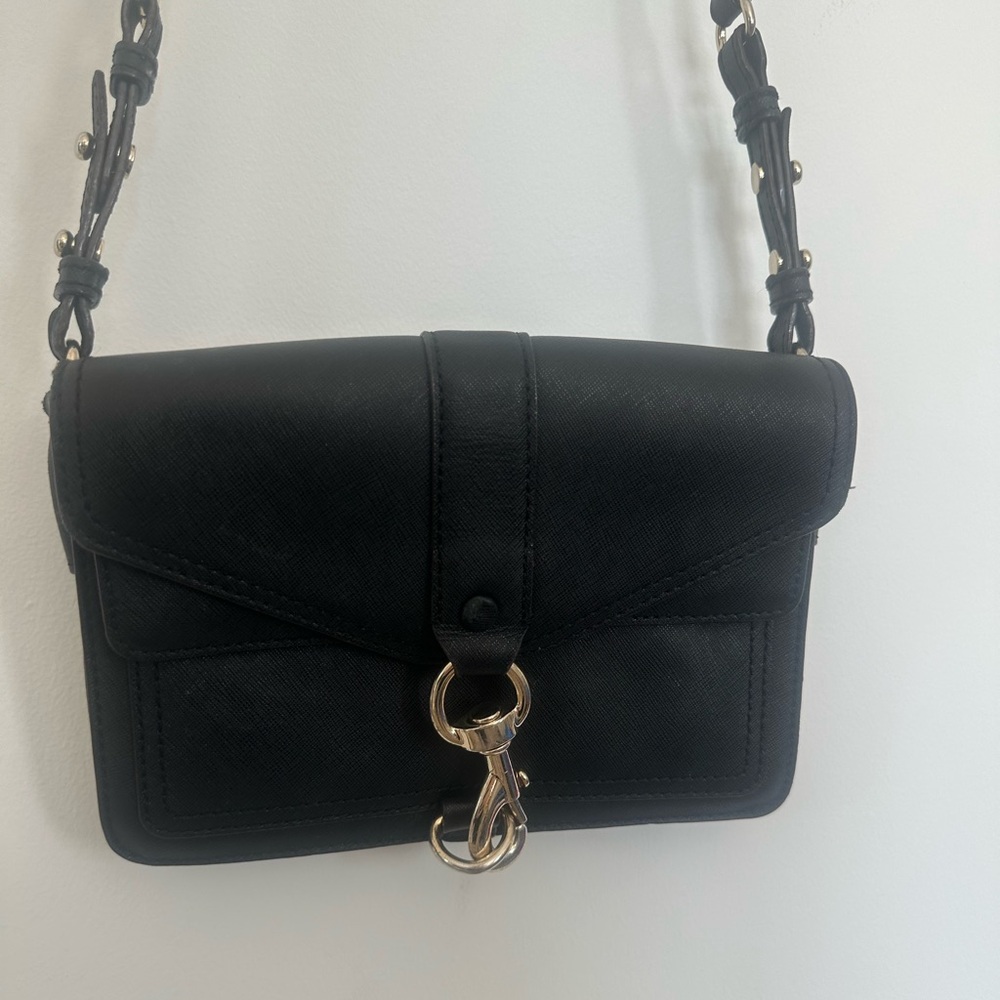 Rebecca Minkoff Black Saffiano Leather Crossbody Bag Gold Hardware Leopard Print